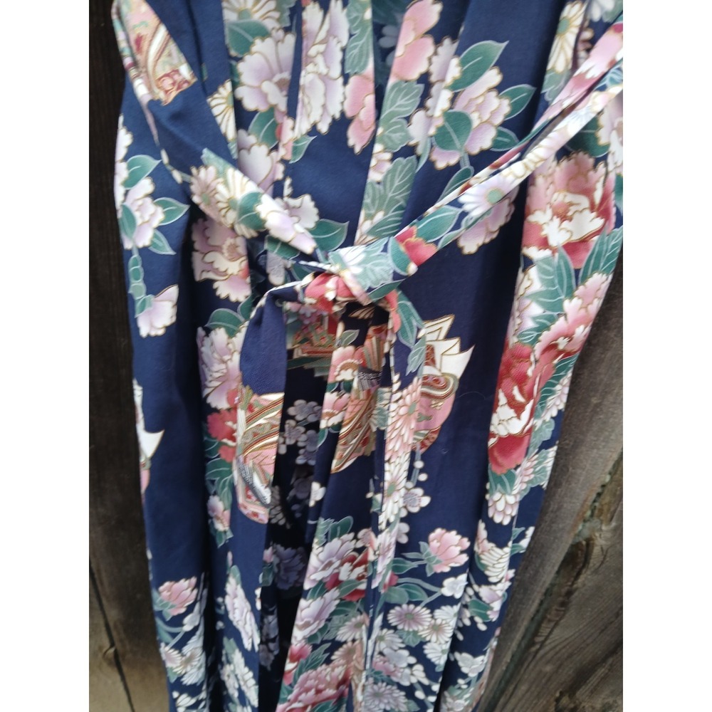 Nwot Smithsonian Cotton Kimono Robe Navy Blue Princess Peony Yukata M - Picture 9 of 11